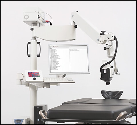 Figure 1. The FLEX module is the standard Heidelberg Spectralis that is installed on a surgical boom arm, which allows for OCT and angiographic imaging of supine subjects. The Spectralis with FLEX module is available for sale in the United States for investigational use only.