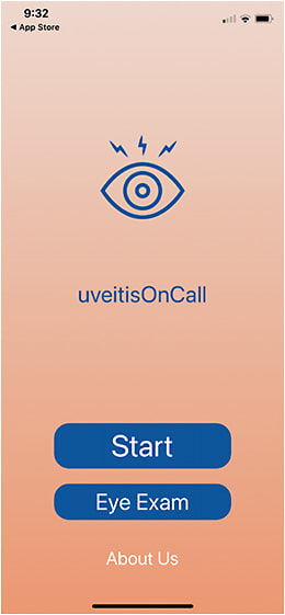 FIGURE 1: The start screen for the uveitisOnCall app gives ophthalmologists the option to enter the results of an eye exam or begin a uveitis screening. IMAGE COURTESY MOISES ENGHELBERG, DO