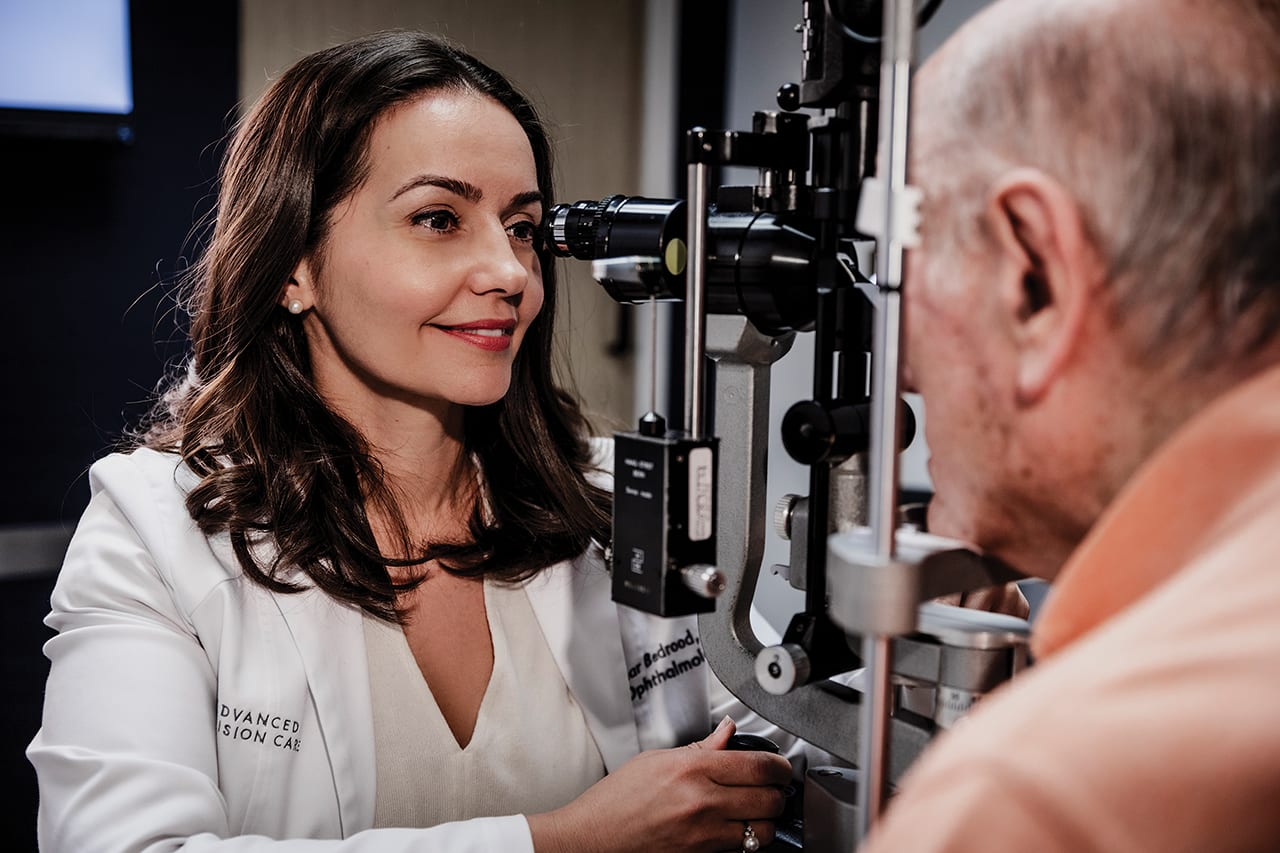 Dr. Bedrood examines her patient at the slit lamp and prepares for applanation. While Reichert Tono-Pens and iCare tonometers are used daily, Dr. Bedrood performs applanation on each of her patients as a measure of consistency in her hands.