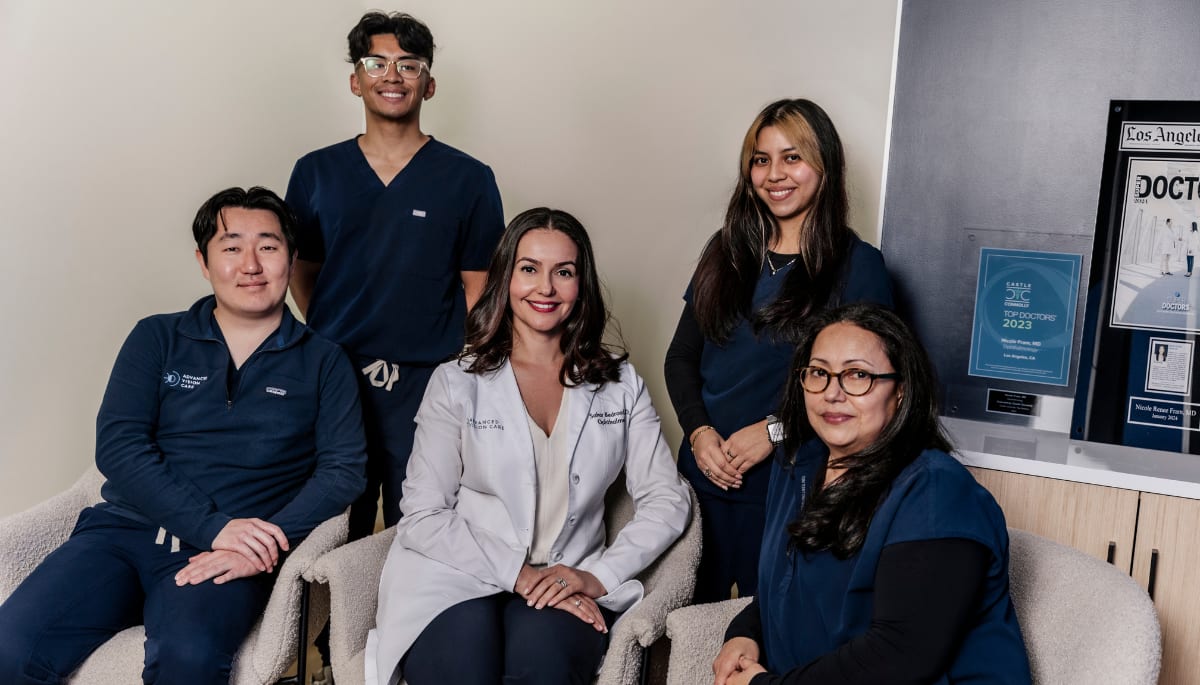 The staff of Advanced Vision Care: (Left to right) Andrew Cho, practice administrator, Paul Paterno, technician, Dr. Sahar Bedrood, Diana Flamenco, technician, and Ofelia Portillo, clinical manager. All images by Paris Helena