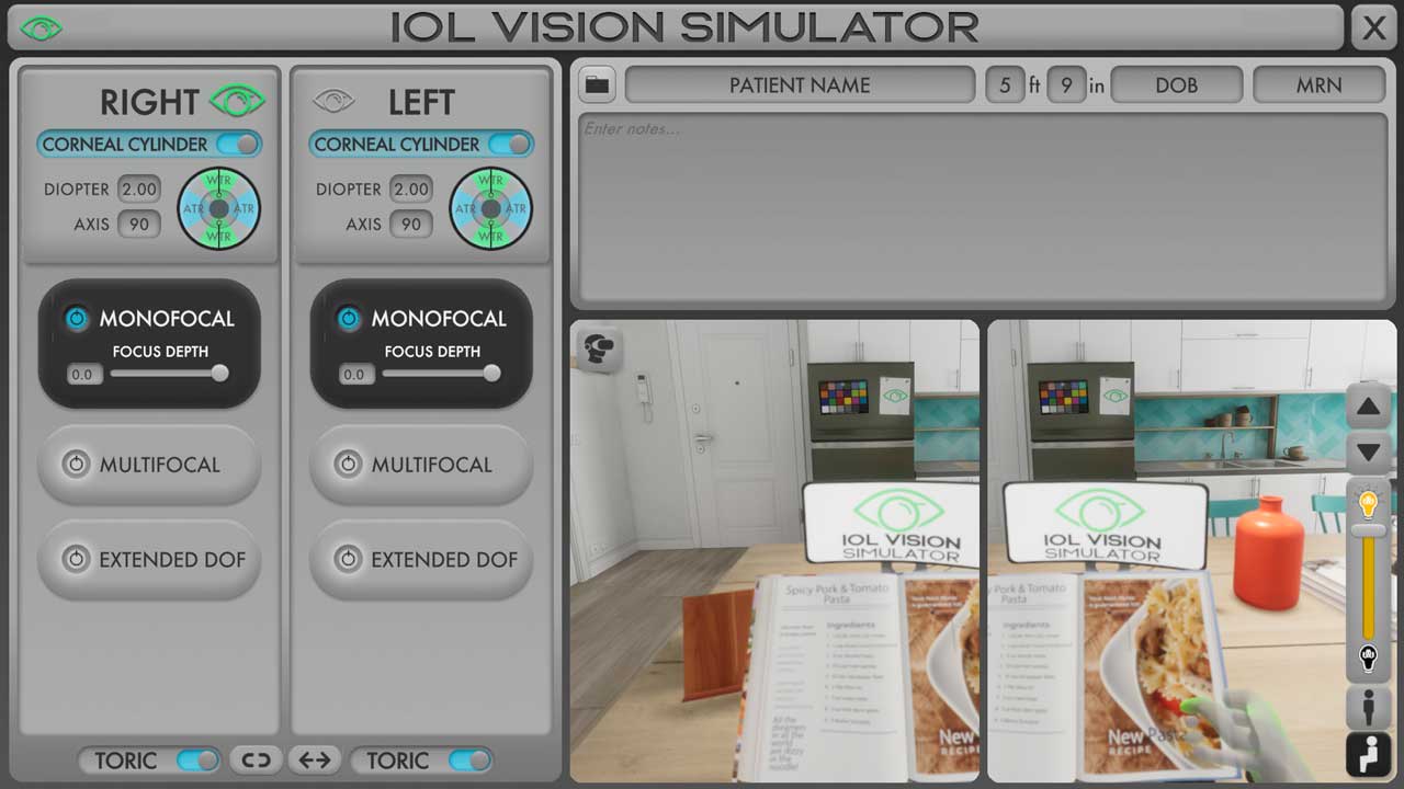 User interface for GreenMan, showing vision simulator in a monofocal toric setting. The distance is clear and up close is blurry, simulating presbyopia.