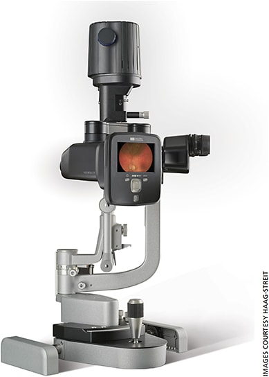 Pivot the slit lamp’s optical components to attach the camera.