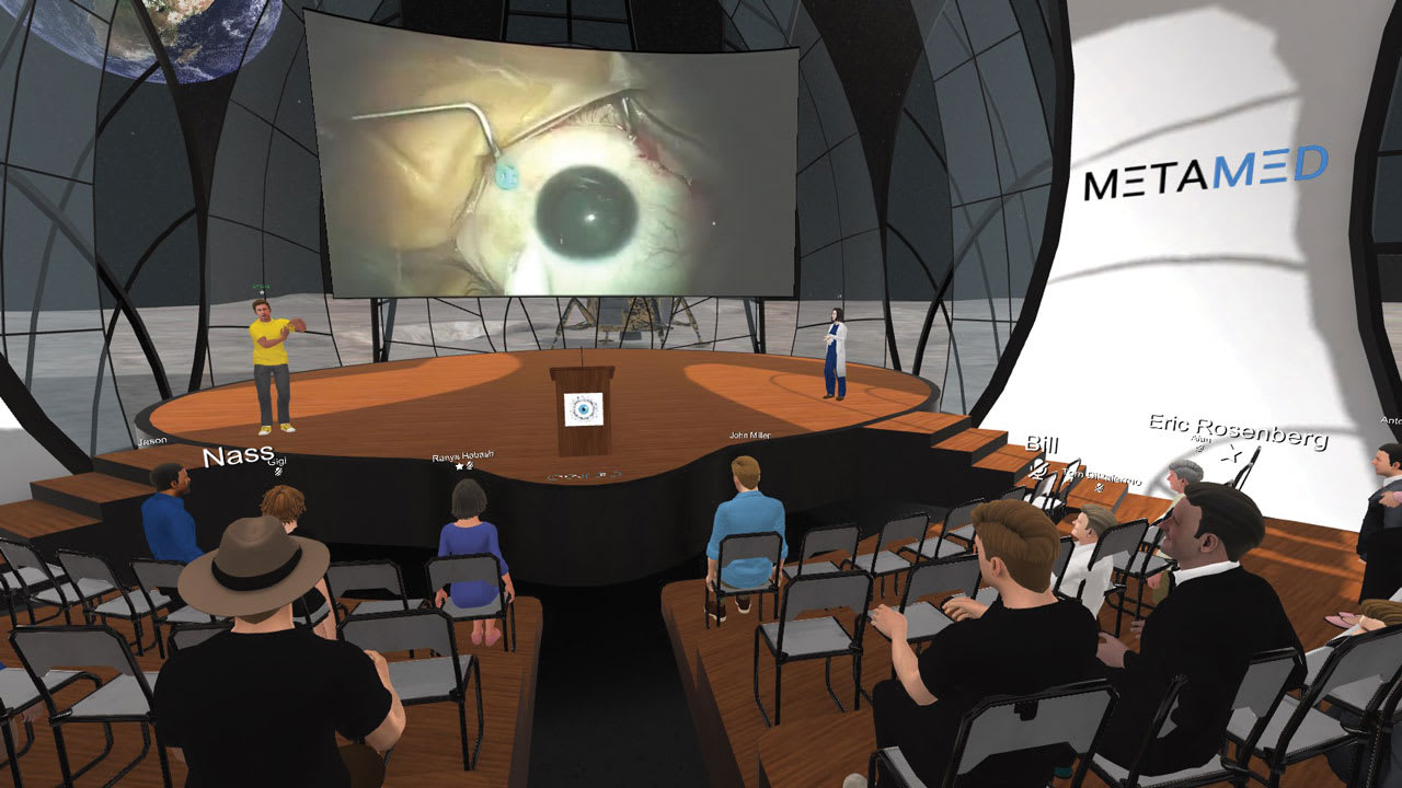 Figure 1. MetaMed Media provides 3D content for its Meta Quest 2 VR headset, including surgical videos, device demonstrations and panel discussions. Seen here is a screenshot from the Digital Ophthalmic Society’s weekly “RetinaVerse” meeting. Image courtesy: Eric Rosenberg