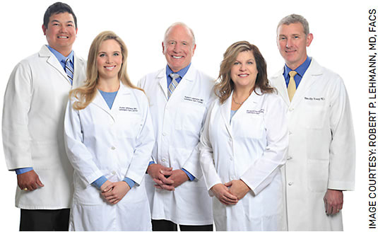 FIGURE. Dr. Lehmann and his team look forward to the emotional reward from again performing pro bono surgeries. Left to right: James Berg, MD; Anna Lehmann, MD; Robert P. Lehmann, MD, FACS; Jacqueline Hilton, OD; and Tim Young MD, PhD.