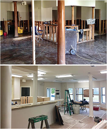 (Top) Two weeks after cutting out wet drywall and insulation, removing ruined furniture and fixtures, cleaning and sanitizing the floors, dryers, dehumidifiers and drying the wall studs with fans before mold treatment can be finished and office repairs can begin. (Bottom) Progress is evident after 3 1/2 months, as new sheetrock has been installed, painting is complete, new cabinets and furniture begins arriving; and baseboards and trim await instillation.