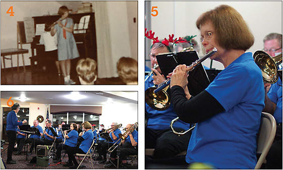 4: Dr. Merkle playing flute as a child. 5: Dr. Merkle in action. 6: Dr. Merkle and her fellow musicians performing.