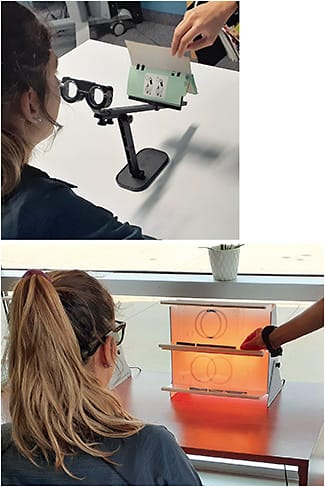 Vectogram tools, such as these, are used by neuro-optometrists in vergence training.Photos courtesy of Dr. Patrick T. Quaid.