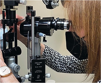 Gross slit lamp observation is essential for examining the lids, lashes, and completeness of the blink and blink rate. Photo courtesy of Dr. Susan A. Resnick.