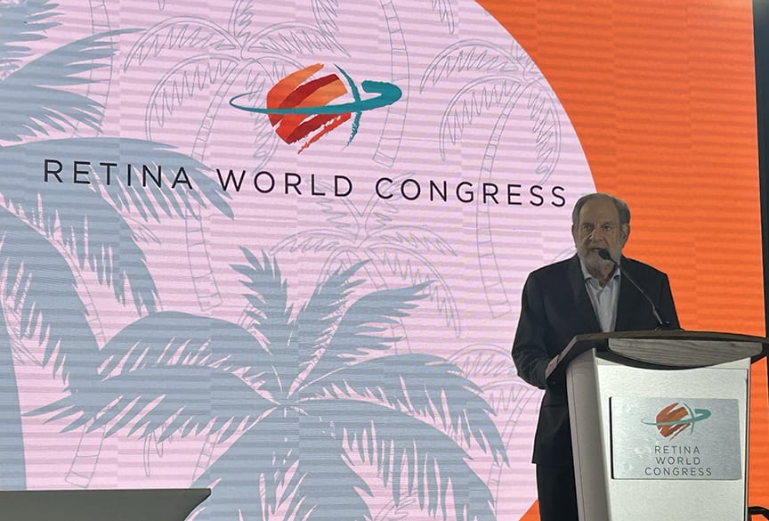 <p style="font-weight: 400;"><strong>Figure 3.</strong> David S. Boyer, MD, outlined the advantages and early results of suprachoroidal gene therapy during the the 2025 Retina World Congress in Fort Lauderdale, Florida.</p>