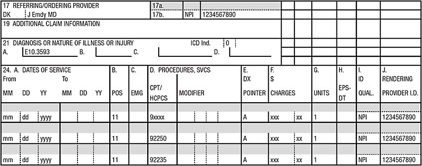 Figure 2. Claim for fluorescein angiography for diabetic retinopathy. Note: ICD-10 codes before and after October 1, 2016 dates of service differ because laterality was not part of diabetic codes until after October 1, 2016. Additionally, because type I diabetics (E10.- codes) are 
assumed to be on insulin by definition, the Z79.4 code for insulin is not used.