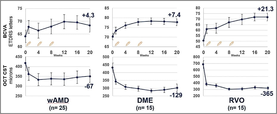 Figure 2. Efficacy of KSI-301 in nAMD (n=25), DME (n=15), and RVO (n=15): change from baseline to week 20 in mean BCVA (top graphs) and OCT (bottom graphs). Includes only randomized patients who reached week 20 visit by the data cutoff date of November 8 2019; 2.5 mg and 5 mg doses pooled. Error bars represent standard error of the mean.