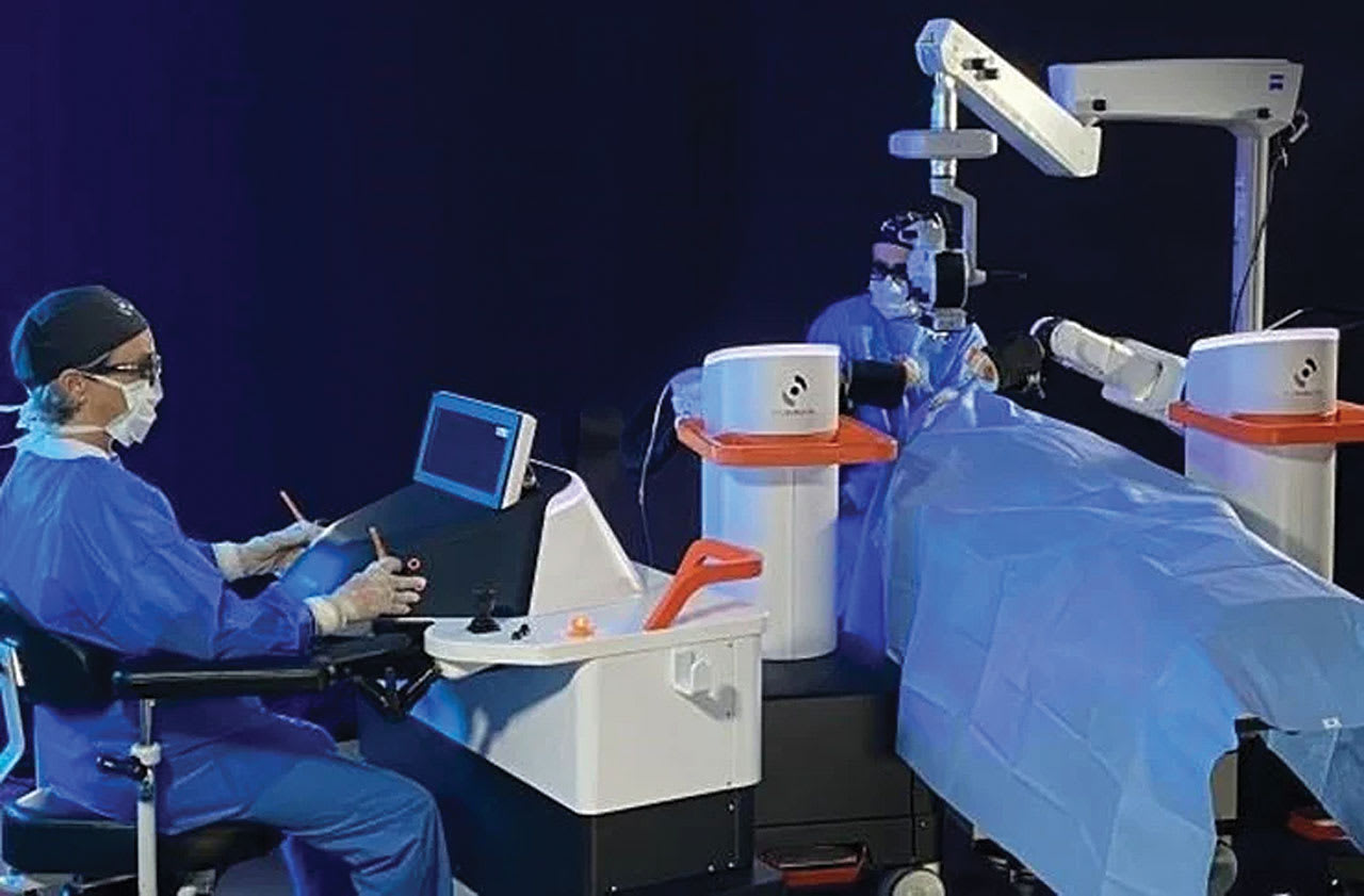 <p><strong>Figure 1. </strong>The Luca robotic system includes 2 independent robotic arms, which the surgeon controls from an ergonomic piloting station to ensure stability and accuracy.</p>