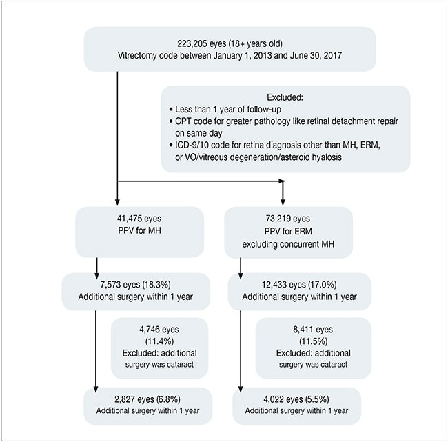 Figure 3. Protocol for identification of macular hole and epiretinal membrane cases. Figure reprinted with permission from Parke and Lum. Return to the operating room after macular surgery IRIS Registry analysis. Ophthalmology. 2018;125(8):1273-1278.6