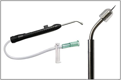 Vortex Surgical’s curved external drainage and depression (EDD) device. Image courtesy of Vortex Surgical.