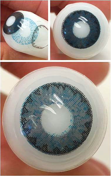 Figure 4. Some manufacturers offer fitting sets to assist with diagnostic fitting. Different combinations of sample lenses can be piggybacked on top of one another using a color diagnostic tool (top left). The color of the underprint impacts the overall appearance of the lens combination. The same turquoise iris color and limbal detail is piggybacked on a dark gray underprint (top right) and a light gray underprint (bottom).