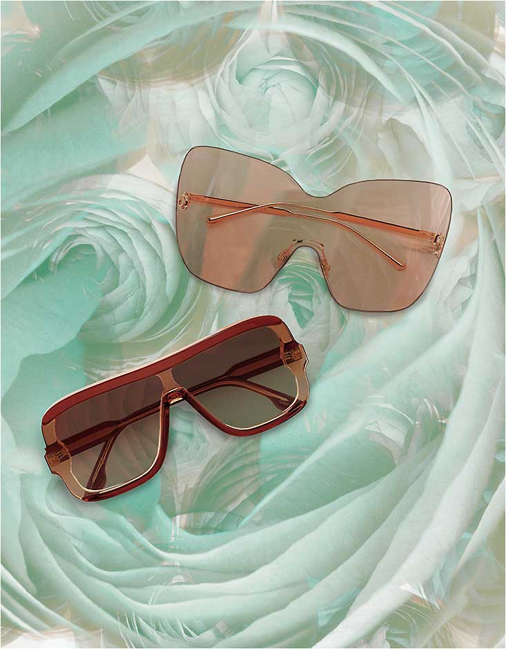 BODACIOUS STYLE. &amp;#xD;&amp;#xA;Sunwear for the Spring 2020 season also expands into wildly bold, new shapes, from ultra-oversized rimless face-hugging shields to luxe, retro-lovin&amp;#x2019; silhouettes. On trend, from top: &amp;#xD;&amp;#xA;The Jimmy Choo Zelma/S from Safilo makes a gorgeous statement with vision in a boldly oversized rimless shape and rose gold lens embellished with the new JC logo. &amp;#xD;&amp;#xA;The Victoria Beckham VB609S from Marchon Eyewear expertly channels retro luxe in an extended aviator-meets-rectangle style with rose/brown lenses.