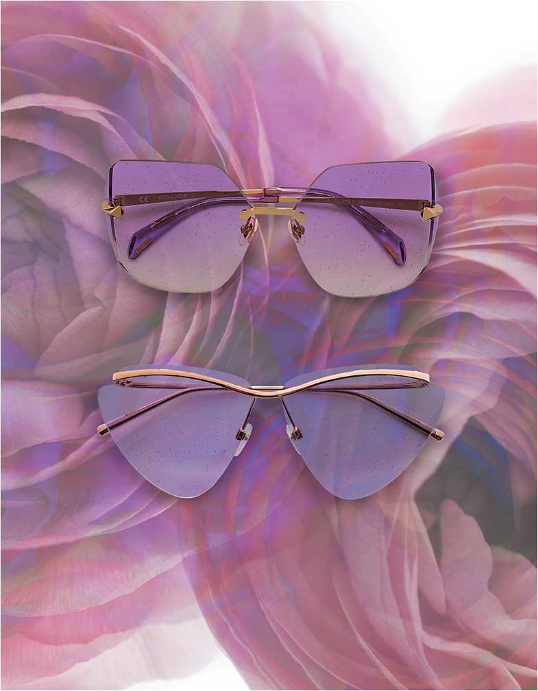 GLITTER, EMBEDDED. &amp;#xD;&amp;#xA;On trend in 2020: glitter-encrusted lenses &amp;#x2B; purple hues in sunwear. From top: &amp;#xD;&amp;#xA;The Police Eclipse 1 SPLA19 from De Rigo REM is a rimless retro glam silhouette with a dusting of glitter infused into the purple-hued lenses. &amp;#xD;&amp;#xA;The Marc Jacobs Marc 453/S from Safilo lays the glam on thick with glitter-embedded lenses in violet with a sweeping rose gold brow bar suspended across the top.