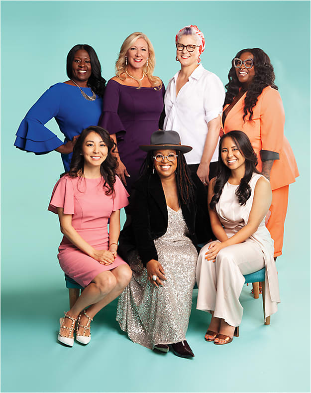 Seven of the 2019 EB #GameChangers were photographed together at Vision Expo West. 
FROM LEFT: (top row) Lauretta Justin, O.D., Barbara Horn, O.D., (president of the AOA), optician Peggy Gartin, optician Autianna Wilson, (bottom row) Hannah Cho, O.D., optician Utenzi Miller, Jennifer Chinn, O.D. 
[Missing from photo are 2019 EB #GameChangers optician Ruth Domber, Jaclyn Garlich, O.D., and Daniela Zanzuri, CMO. Their stories are included in the following pages.]