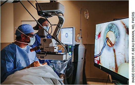 3D heads-up surgery (shown here with the Alcon NGENUITY 3D Visualization System) allows staff and students to see exactly what the surgeon is doing.