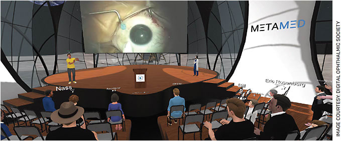 Steven Houston, MD, FASRS, and John Kitchens, MD, host their weekly RetinaVerse rounds from a “space station auditorium on the moon” in the metaverse.