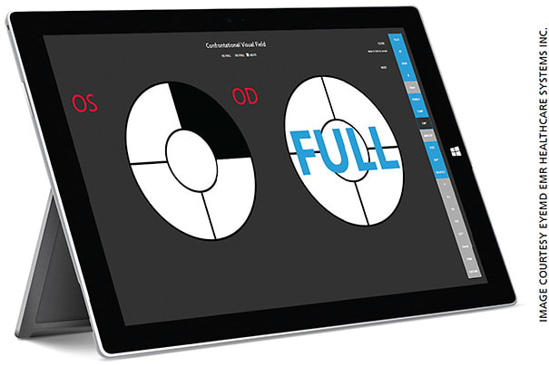 An example of how a technician or doctor would document the confrontational visual field in the EyeMD Electronic Medical Records system