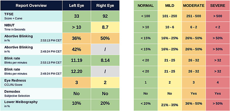 FIGURE 3. A report overview using the Tearcheck dry eye diagnostic and analyzing tool (I-MED Pharma).