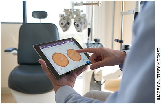 FIGURE. Woolfson Eye Institute favors the flexibility of using an iPad with its EMR system instead of a keyboard and monitor.