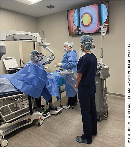 FIGURE. From the left, fellow Dr. Patricia Fortin learning clear lens replacement, with surgical tech Sarah, and Dr. Edmiston overseeing the procedure.