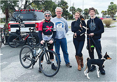 Supporting the Hope-Ride-for-Freedom (from left): David Jasper, Dr. Greg Aker, Allison Jasper, Aidan Jasper, and dogs Zoey and Chief.