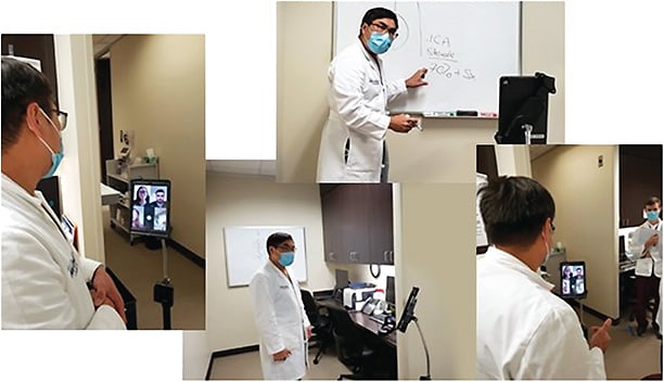 Dr. Lee uses stand-mounted tablets to teach virtually (live and in the clinic) amid the pandemic. Medical students log in via video conference to continue learning. Photos courtesy of Dr. Andrew G. Lee.