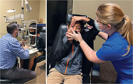 Left: Dr. Barnes assessing an ortho-k patient. Right: The myopia control coordinator assists with lens insertion. Photos courtesy of Kristen McGarvey.