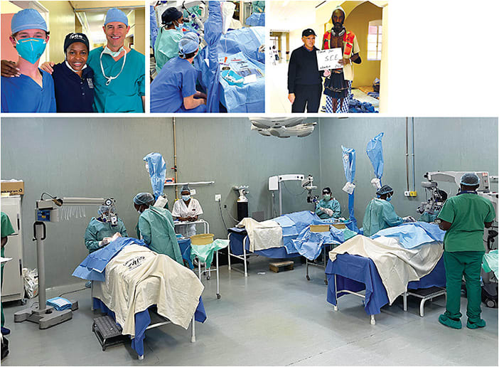 (Top left) Asher Goldberg, Dr. Ndume, and Dr. Goldberg in the hospital wing.(Middle) Dr. Helena Ndume performing MSICS. (Right) Dr. Barry Wolstan with a local Himba tribe member. (Bottom) Surgeons performing manual small-incision cataract surgery.