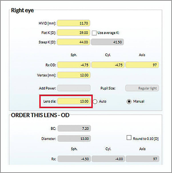 Figure 1. Arc length calculator with the patient’s central Ks, corneal diameter, spectacle Rx, and desired lens diameter.