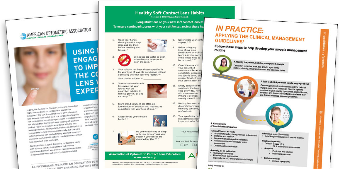 Figure 1. Examples of support materials. (A) Information to help with patient communication from the American Optometric Association (AOA); (B) Material to promote safe wear and care of contact lenses from the Association of Optometric Contact Lens Educators (AOCLE); and (C) Practitioner reference for myopia management from Contact Lens Update from the Centre for Ocular Research & Education (CORE).