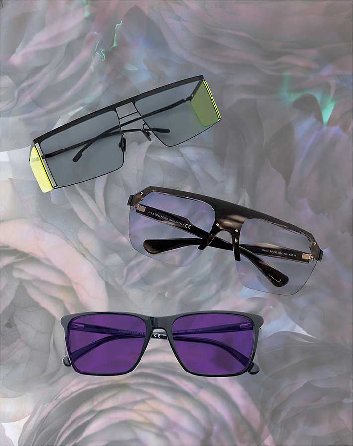 MALE PERSPECTIVE. &amp;#xD;&amp;#xA;Men&amp;#x2019;s sunwear follows suit for the season with lens looks in both pop colors and classics. From top: &amp;#xD;&amp;#xA;The Mykita x Helmut Lang HL001 makes a standout statement with a rectangular front and gray lenses accented with side-shield lenses in a pop of yellow. &amp;#xD;&amp;#xA;The Tom Ford Razor FT0797 from Marcolin channels a vintage retro look, modernized with brown lenses and sleek temples. &amp;#xD;&amp;#xA;Fully on trend in a lens-centric style season, Transitions Signature Style Colors lenses reveal a hint of lightly tinted violet that turn a rich, jewel-toned amethyst when exposed to UV light. Here, Brooks Brothers BB2037 frame in black acetate with Transitions lenses, courtesy Transitions Optical.