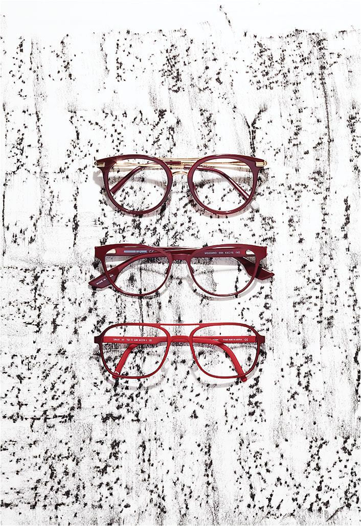 METAL ROCKS
RICH-COLOR stories, such as deep dives into warm wine tones, are accentuated by design details such as eye-catching gold bridges and lustrous finishes. From top:
» Calvin Klein style CK 5964 from Marchon is a style-honed update on an iconic silhouette with a gold double bridge and warm red metal front.
» McQ style MQ0046O from Kering exudes a cool edge with a warm burgundy finish and a modified take on a classic shape.
» neubau style Edmund T021 from Silhouette is a mix of matte chic and geek with a hip double bar front softened with lustrous color.
Still Life Background Illustrations by David Kressler
