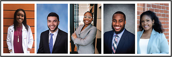 1 The recipients of the 2021 Dr. Marvin R. Poston Leadership Award (l-r): Claudia Amaniampong; Raymond Farmer, O.D.; Melisa Philogene; Walter Jackson, O.D.; and Sophia Johnson.