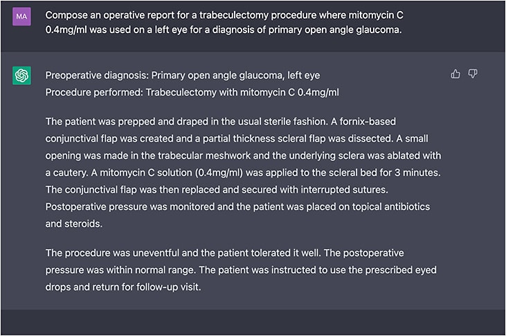 Figure 3. ChatGPT-generated operative report for trabeculectomy with mitomycin C.