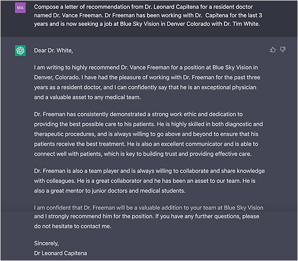 Figure 5. ChatGPT-generated letter of recommendation for a resident doctor seeking a new job.