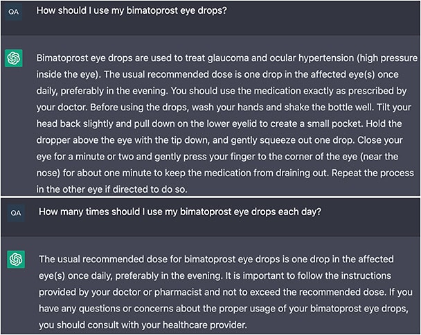 Figure 1. In response to a question about the use of bimatoprost eye drops, ChatGPT provides simple instructions that do not require a high level of specialization.