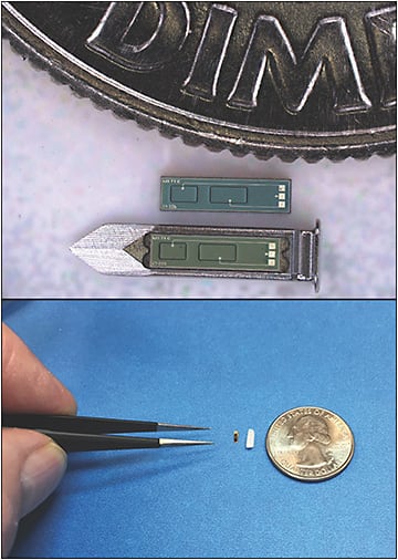Figure 3. IOP Connect (Injectsense) continuous IOP monitoring device for in-office intravitreal injection in relation to US dime (A); sensor module shown in relation to a grain of rice and US quarter (B). Images courtesy of Injectsense.