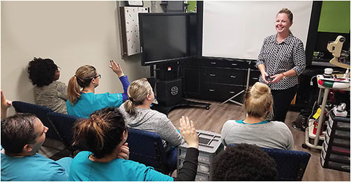 Technical training can often begin with the vendor. Here, technicians and doctors at The Eye Center participate in a presentation from Shelly Reil, MacuLogix.
Photos courtesy of Dr. Amanda Nanasy