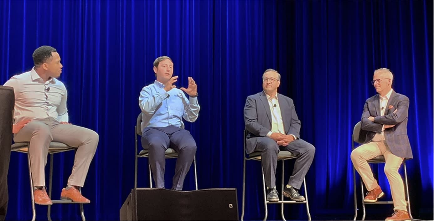 Scot Morris, OD, session moderator (far right) with, from left: Grant Schmid, Easy Anyama, OD, and Colton Calandrella. (Photo courtesy: AOA)