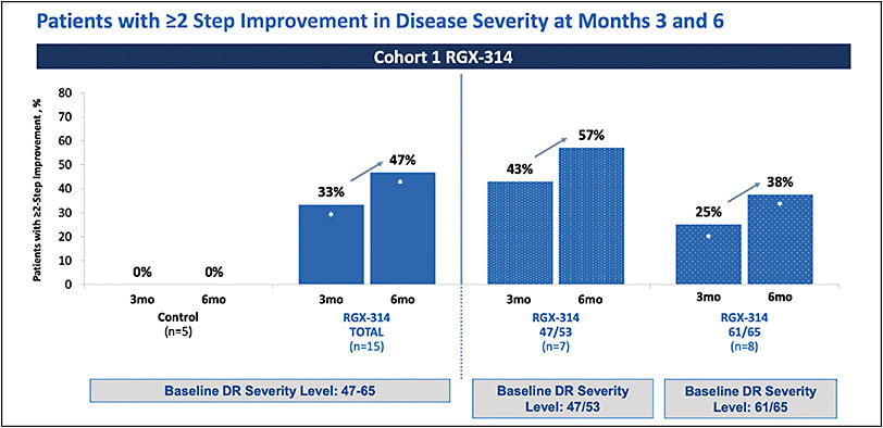 Figure 6. Six-month ALTITUDE trial phase 2 data of diabetic retinopathy eyes without center-involved diabetic macular edema treated with suprachoroidal RGX-314 (Regenxbio) demonstrating exceptional Diabetic Retinopathy Severity Score improvement rates comparable to those seen in severe nonproliferative diabetic retinopathy eyes in RIDE/RISE and PANORAMA trials. Image courtesy of Regenxbio