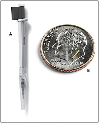 Figure 2. The intravitreal 0.18 mg fluocinolone acetonide implant (Yutiq; Alimera Sciences) injector (A) and implant (B).