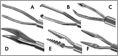 Figure 9. Grieshaber DSP tips. End grasping (A), internal limiting membrane (B), asymmetrical (C), curved scissors (D), serrated (E), and MAXGrip (F). Image courtesy of Alcon.