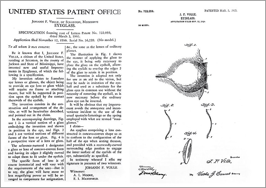 Figure 1. Johanne Frederic Volle was granted a U.S. Patent on March 3, 1903; two years later, before he could manufacture his first contact lens, he died.Image courtesy of Contact Lens Museum in Forest Grove, OR