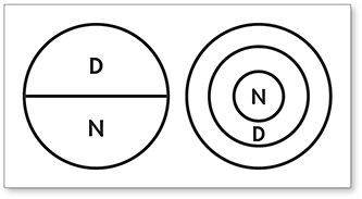 Figure 2. Representations of both non-rotational (left) and rotational (right) multifocal designs with distance (D) and near (N) correction.