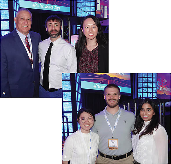 Figure 2. (A) Research Poster award recipients (left to right): José Vega, Andrew Pucker, and Yueren Wang. (B) Clinical Poster award recipients (left to right): Rosa Yang, Trevor Fosso, and Stephanie Ramdass.