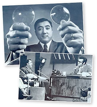 Figure 1. (Top) Dr. Wesley in a 1961 Detroit Free Press newspaper article describing his work with contact lenses. (Bottom) Dr. Wesley (and his contact lens-wearing research rabbit, Leo) during a guest appearance on the Steve Allen Show.